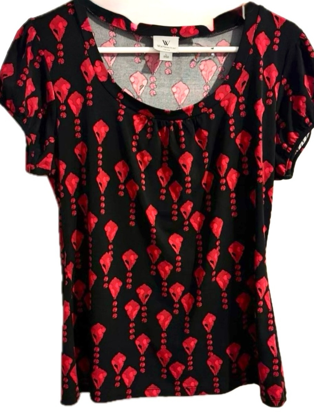 Worthington Black Red Geometric Diamond Print Stretch Scoop Neck L Short Sleeve